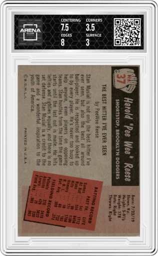 Pee Wee Reese from the 1955 Bowman set graded by Arena Club and given an overall grade of 3.5.