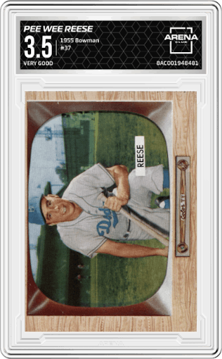 Pee Wee Reese from the 1955 Bowman set graded by Arena Club and given an overall grade of 3.5.