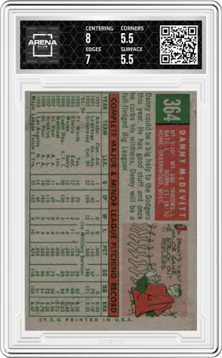 Danny McDevitt from the 1959 Topps set graded by Arena Club and given an overall grade of 6.