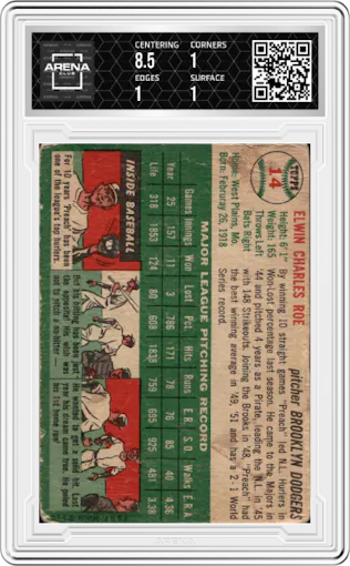 Preacher Roe from the 1954 Topps set graded by Arena Club and given an overall grade of 1.