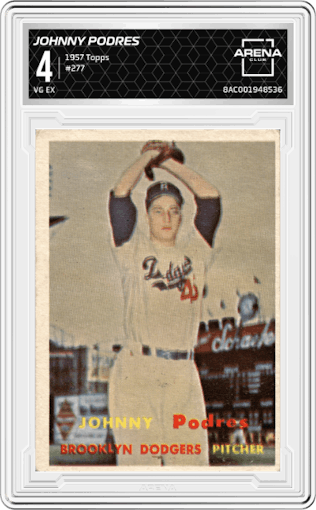 Johnny Podres from the 1957 Topps set graded by Arena Club and given an overall grade of 4.