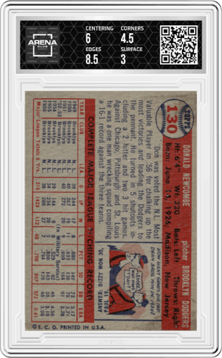 Don Newcombe from the 1957 Topps set graded by Arena Club and given an overall grade of 3.5.