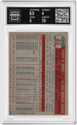 Gil Hodges from the 1957 Topps set graded by Arena Club and given an overall grade of 4.5.