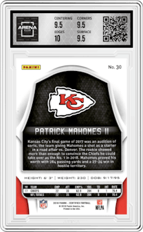 Patrick Mahomes II from the 2018 Panini Certified set graded by Arena Club and given an overall grade of 10.