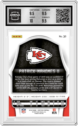 Patrick Mahomes II from the 2018 Panini Certified set graded by Arena Club and given an overall grade of 10.