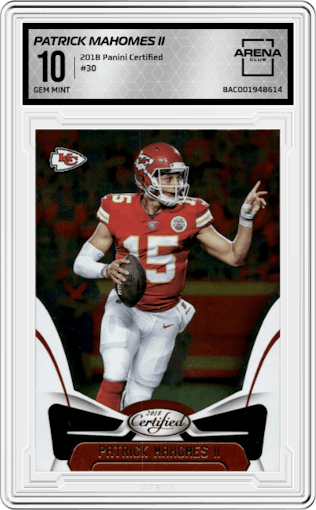 Patrick Mahomes II from the 2018 Panini Certified set graded by Arena Club and given an overall grade of 10.