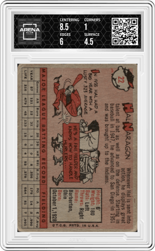 Hal Naragon from the 1958 Topps set graded by Arena Club and given an overall grade of 1.5.