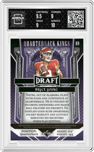 Bryce Young from the 2023 Leaf Draft set featuring a Gold parallel graded by Arena Club and given an overall grade of 9.5.