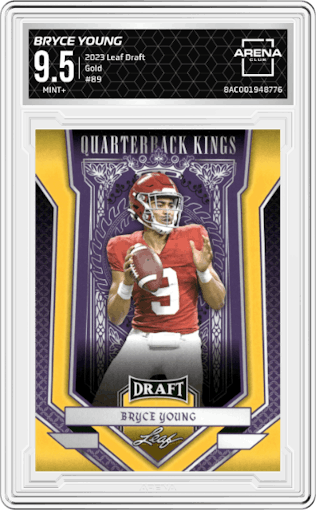Bryce Young from the 2023 Leaf Draft set featuring a Gold parallel graded by Arena Club and given an overall grade of 9.5.