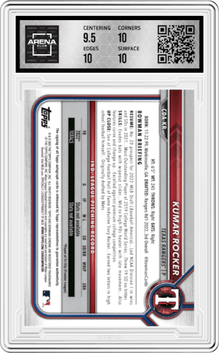 Kumar Rocker from the 2022 Bowman Draft set featuring a Gold Refractor parallel graded by Arena Club and given an overall grade of 10.