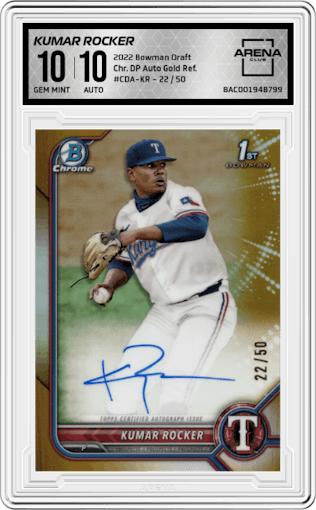 Kumar Rocker from the 2022 Bowman Draft set featuring a Gold Refractor parallel graded by Arena Club and given an overall grade of 10.