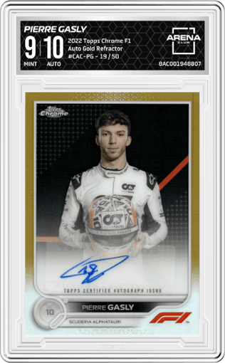 Pierre Gasly from the 2022 Topps Chrome F1 set featuring a Gold Refractor parallel graded by Arena Club and given an overall grade of 9.