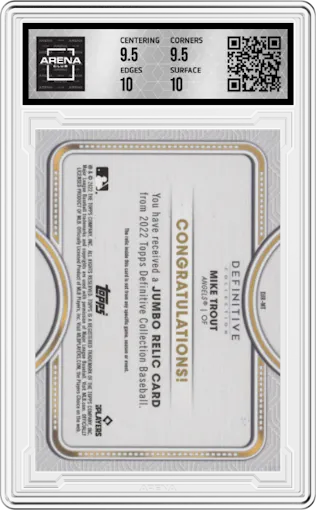 Mike Trout from the 2022 Topps Definitive Collection set featuring a Blue parallel graded by Arena Club and given an overall grade of 10.