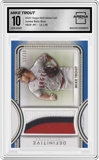 Mike Trout from the 2022 Topps Definitive Collection set featuring a Blue parallel graded by Arena Club and given an overall grade of 10.