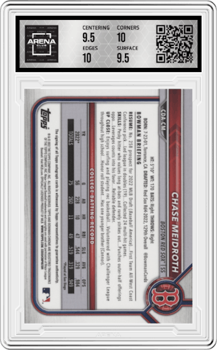 Chase Meidroth  from the 2022 Bowman Draft set graded by Arena Club and given an overall grade of 10.