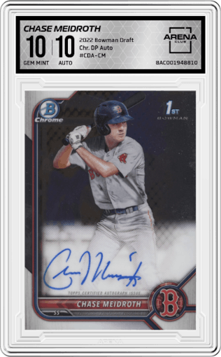 Chase Meidroth  from the 2022 Bowman Draft set graded by Arena Club and given an overall grade of 10.