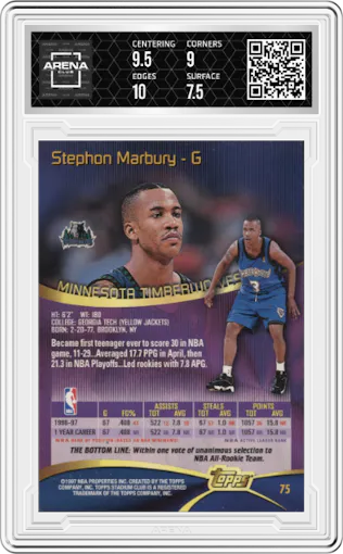 Stephon Marbury from the 1997-98 Topps Stadium Club set graded by Arena Club and given an overall grade of 8.