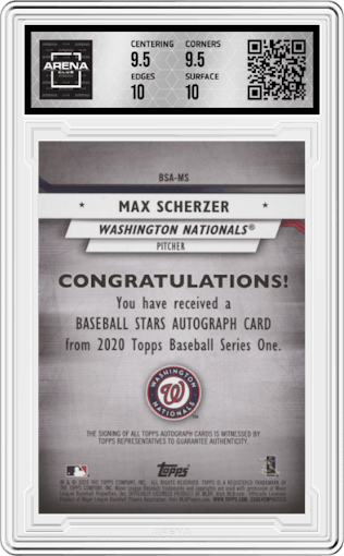 Max Scherzer from the 2020 Topps set graded by Arena Club and given an overall grade of 10.