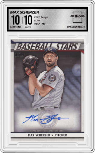 Max Scherzer from the 2020 Topps set graded by Arena Club and given an overall grade of 10.