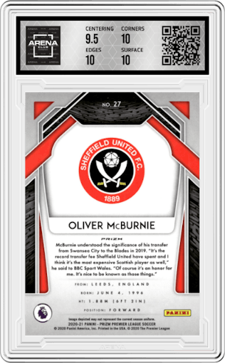Oliver McBurnie from the 2020-21 Panini Prizm Premier League set featuring a Red Pulsar parallel graded by Arena Club and given an overall grade of 10.