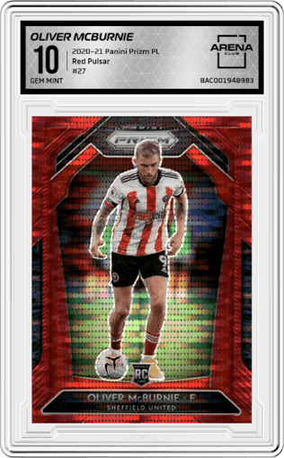 Oliver McBurnie from the 2020-21 Panini Prizm Premier League set featuring a Red Pulsar parallel graded by Arena Club and given an overall grade of 10.