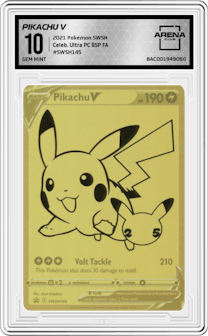 Pikachu V from the 2021 Pokemon SWSH set graded by Arena Club and given an overall grade of 10.