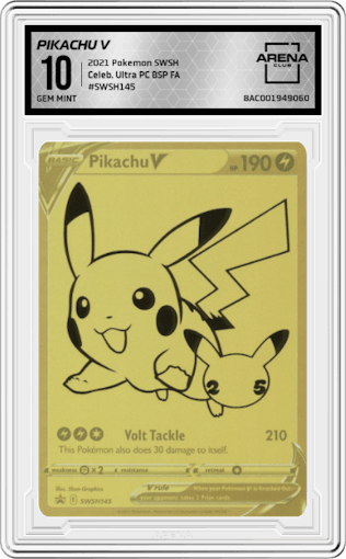 Pikachu V from the 2021 Pokemon SWSH set graded by Arena Club and given an overall grade of 10.