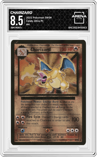 Charizard from the 2021 Pokemon SWSH set graded by Arena Club and given an overall grade of 8.5.