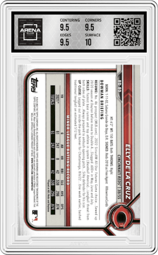 Elly De La Cruz from the 2022 Bowman Draft 1st Edition set graded by Arena Club and given an overall grade of 10.