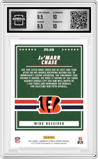 Ja'Marr Chase from the 2021 Panini Chronicles set graded by Arena Club and given an overall grade of 10.
