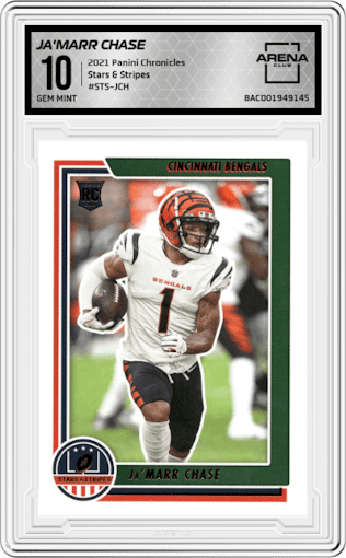 Ja'Marr Chase from the 2021 Panini Chronicles set graded by Arena Club and given an overall grade of 10.