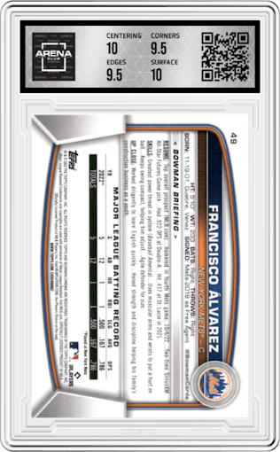 Francisco Alvarez from the 2023 Bowman Mega Box set graded by Arena Club and given an overall grade of 10.