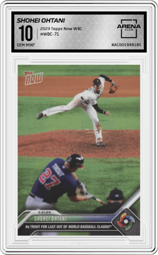 Shohei Ohtani from the 2023 Topps Now World Baseball Classic set graded by Arena Club and given an overall grade of 10.