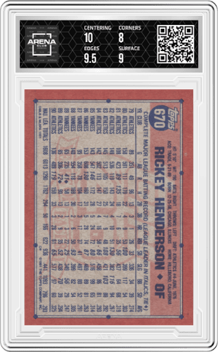 Rickey Henderson from the 1991 Topps set graded by Arena Club and given an overall grade of 8.5.