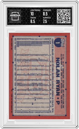 Nolan Ryan from the 1991 Topps set graded by Arena Club and given an overall grade of 8.