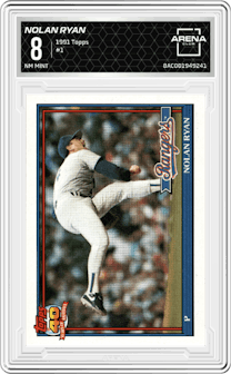 Nolan Ryan from the 1991 Topps set graded by Arena Club and given an overall grade of 8.