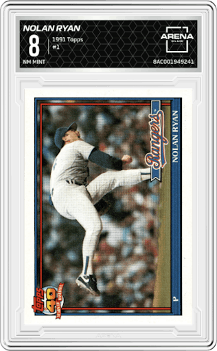 Nolan Ryan from the 1991 Topps set graded by Arena Club and given an overall grade of 8.