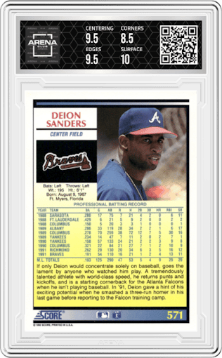  Deion Sanders from the 1992 Score set graded by Arena Club and given an overall grade of 9.