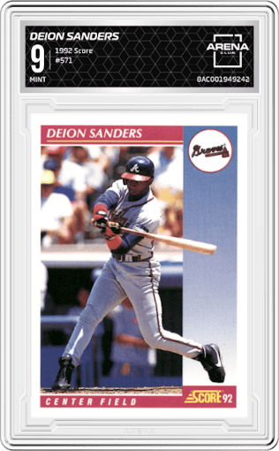  Deion Sanders from the 1992 Score set graded by Arena Club and given an overall grade of 9.