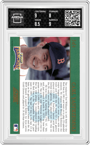 Carl Yastrzemski from the 1992 Score set graded by Arena Club and given an overall grade of 8.5.