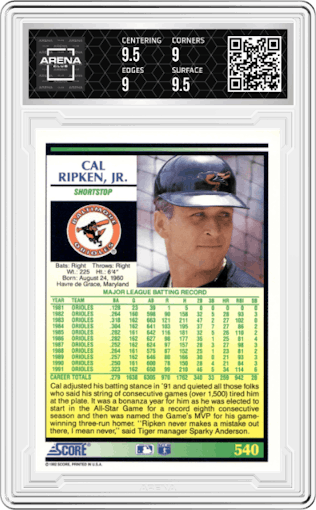 Cal Ripken, Jr. from the 1992 Score set graded by Arena Club and given an overall grade of 9.5.