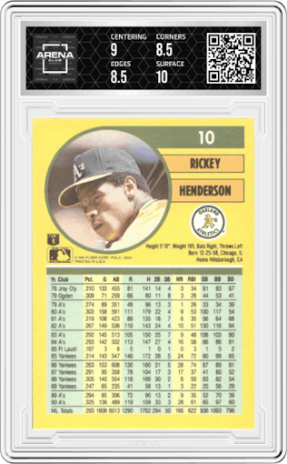 Rickey Henderson from the 1991 Fleer set featuring a Variation parallel graded by Arena Club and given an overall grade of 9.