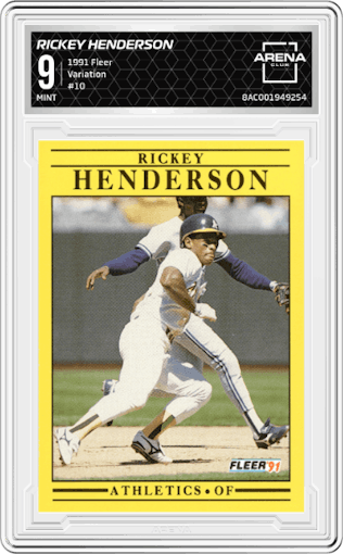 Rickey Henderson from the 1991 Fleer set featuring a Variation parallel graded by Arena Club and given an overall grade of 9.