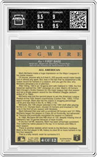 Mark McGwire from the 1991 Fleer set graded by Arena Club and given an overall grade of 9.