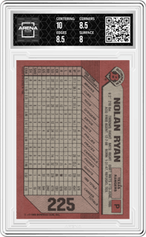 Nolan Ryan from the 1989 Bowman set graded by Arena Club and given an overall grade of 8.5.