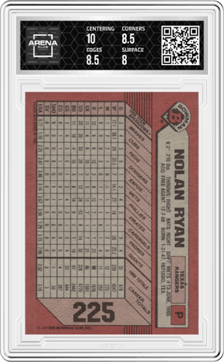 Nolan Ryan from the 1989 Bowman set graded by Arena Club and given an overall grade of 8.5.