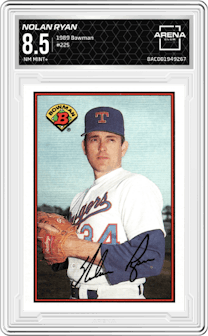 Nolan Ryan from the 1989 Bowman set graded by Arena Club and given an overall grade of 8.5.