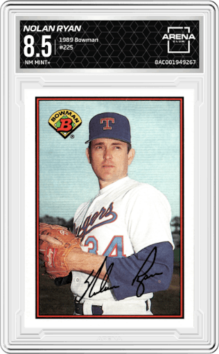 Nolan Ryan from the 1989 Bowman set graded by Arena Club and given an overall grade of 8.5.