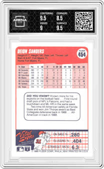 Deion Sanders from the 1990 Fleer  set graded by Arena Club and given an overall grade of 9.