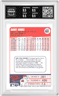 Barry Bonds from the 1990 Fleer  set graded by Arena Club and given an overall grade of 9.